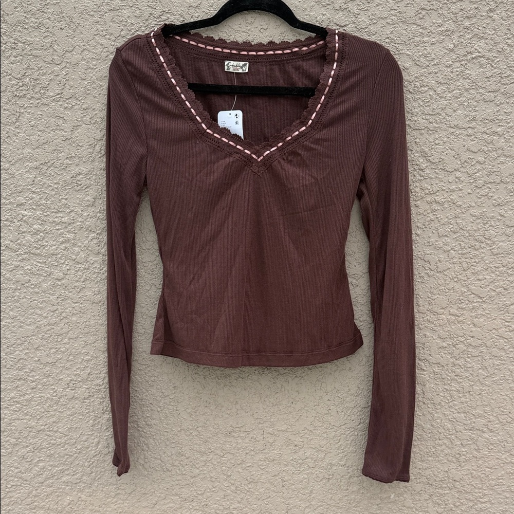 Free People Brown Long Sleeve Top with Trim